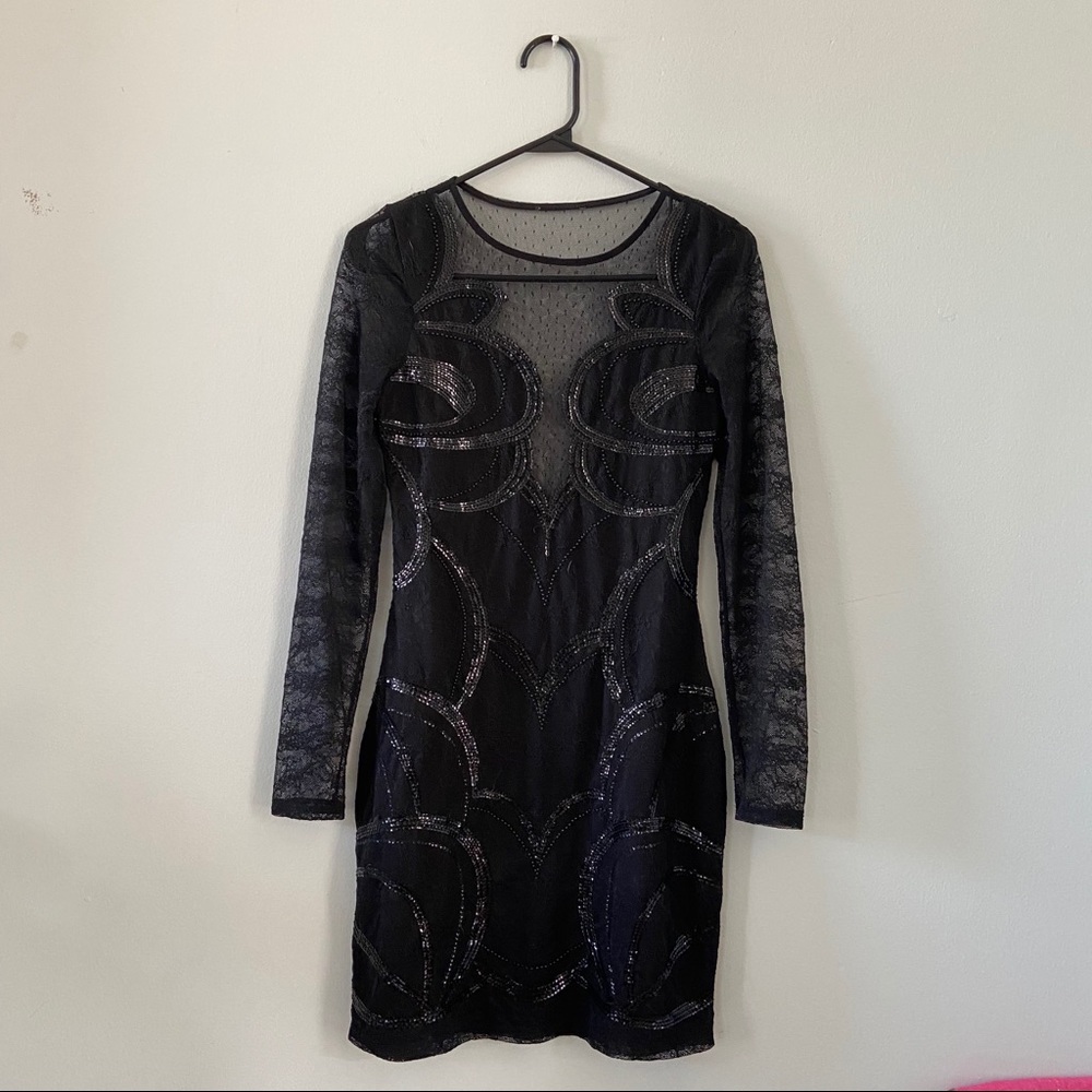 Sexy, black lace + sequins cocktail dress